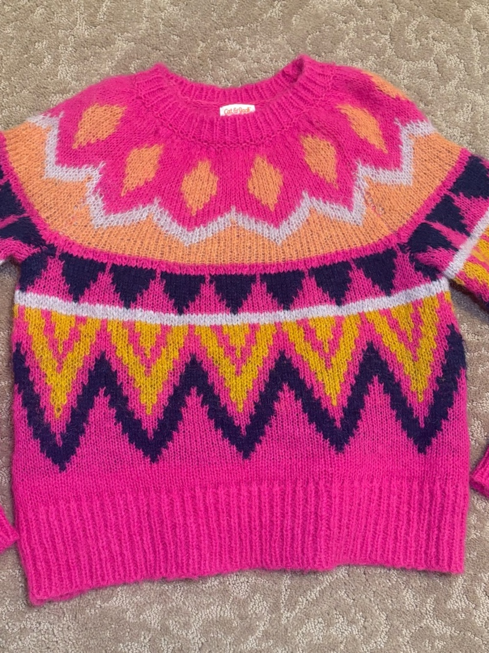 Cat & Jack Hot Pink Fair Isle Crew Neck Sweater with Yellow and Navy Accents
